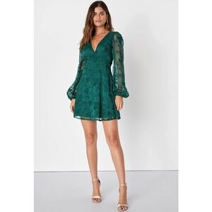 Lulus Angelic Bliss Emerald Green Embroidered Puff Long Sleeve Mini Dress Small